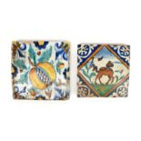 Two Dutch Delft tiles 17th century, one painted in shades of blue, green and ochre with a camel in a