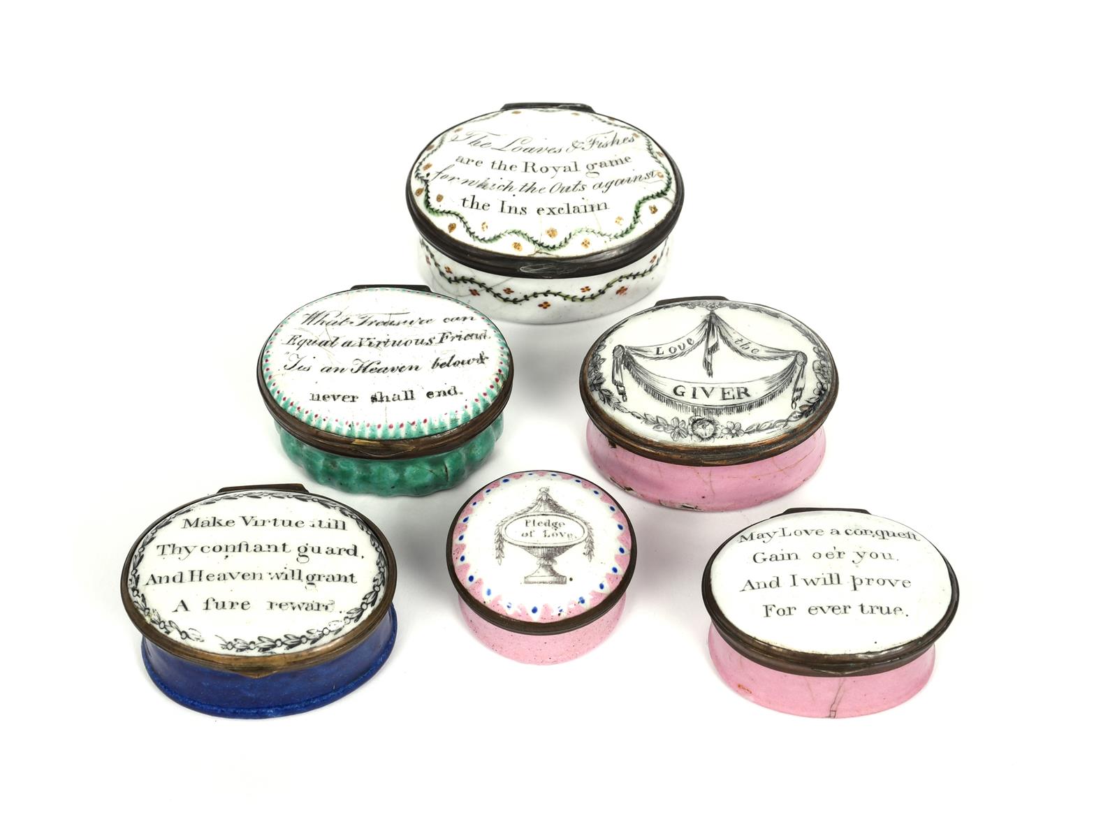 Six English enamel patch boxes c.1760-90, variously painted and printed with inscriptions for virtue