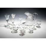 Seven drinking glasses c.1750-1820, including a rare Jacobite drawn trumpet glass engraved with a