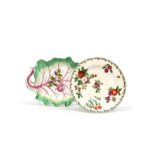 A Chelsea leaf dish and a plate c.1758-62, the leaf dish finely painted with a pink rose spray