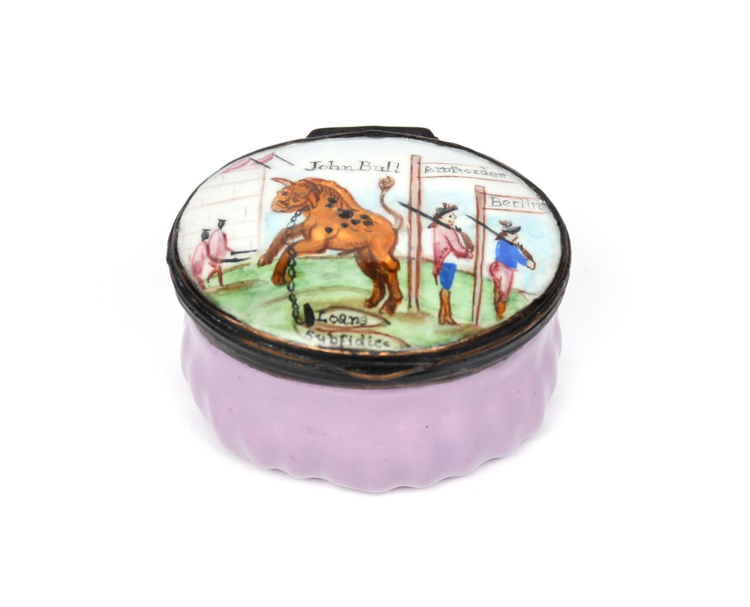 A rare South Staffordshire enamel commemorative patch box c.1815, painted with a large bull