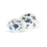 Two rare Worcester blue and white leaf dishes c.1758-60, the larger painted with the Blown Tulip