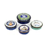 Four English enamel patch boxes c.1780-1800, the largest painted with a sheep and inscribed 'A