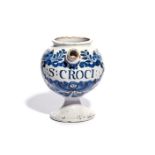 A delftware wet drug or syrup jar mid 18th century, the globular body painted in blue with the