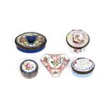 Four English enamel patch boxes c.1760-90, one of navette shape and painted with lovebirds