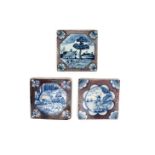 Three delftware tiles mid 18th century, two with octagonal panels containing figures in a horsedrawn