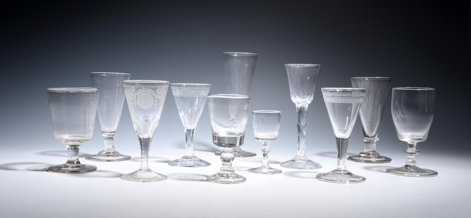 Eleven various drinking glasses late 18th and 19th centuries, three with trumpet bowls on knopped