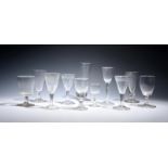 Eleven various drinking glasses late 18th and 19th centuries, three with trumpet bowls on knopped