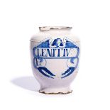 An early delftware dry drug or pill jar c.1680, painted in blue with an angel with outstretched