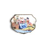 A Battersea enamel snuff box c.1755, the flattened shaped form decorated with Les Amusements