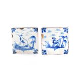 A pair of London delftware tiles c.1740, painted in blue, one with a seated fox, another with a