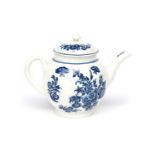 A Bow blue and white teapot and cover c.1760, printed with the Three Flowers pattern, restoration to