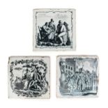 Three Liverpool delftware tiles c.1760-70, printed in black by John Sadler, one with 'The baby's