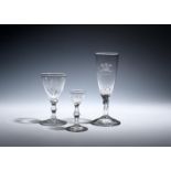 Two wine glasses c.1780-1800, one with a long round funnel bowl engraved with the Prince of Wales