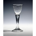 A documentary wine glass dated 1756, the drawn trumpet bowl inscribed 'Joseph Cockerill Scarbro