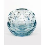 A spherical glass vase with cut and polished lens, pale blue glass unsigned, 18cm. high