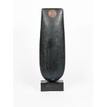 ‡Peter Hayes (born 1946) Totem Form with copper disc, a tall raku sculpture on polished slate