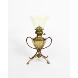 A rare WAS Benson copper and brass seedpod table lamp, model no. 278, flaring tripod foot supporting