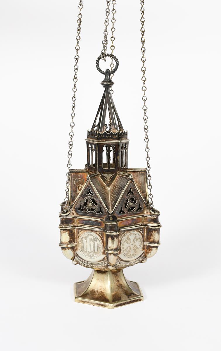 A silver-plated thurible designed by Augustus Welby Northmore Pugin, hexagonal tapering foot