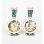 A pair of Aesthetic Movement Minton's moonflasks, the disc body painted with a roundel of cupid with