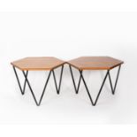 A pair of ISA Hex tables designed by Gio Ponti, wood laminated hexagonal top on black enamelled