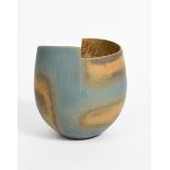 ‡John Ward (born 1938) a hand-built stoneware vase with stepped rim, sand and matt blue patches,