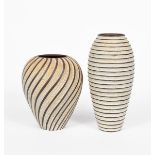 ‡Emily Myers (born 1965) A tall stoneware vase with horizontal ribs, glazed speckled off white,