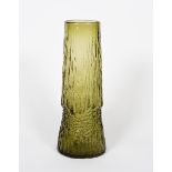 A Whitefriars Sage Green glass vase designed by Geoffrey Baxter, waisted, cylindrical form with