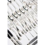 An Art Nouveau silver-plated twelve setting cutlery service, cast in low relief with whiplash
