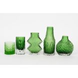 A Whitefriars Meadow Green glass vase designed by Geoffrey Baxter, waisted geometric form with