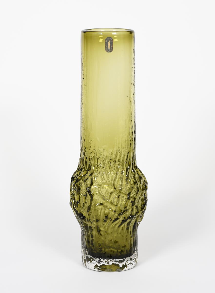 A Whitefriars Sage Green glass vase designed by Geoffrey Baxter, cylindrical, swollen form with