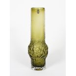 A Whitefriars Sage Green glass vase designed by Geoffrey Baxter, cylindrical, swollen form with