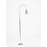 A chrome standard lamp, on domed base, the curved, adjustable stem supporting blue enamelled cone