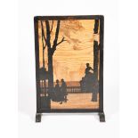 'The Terrace' a Rowley Gallery marquetry fire screen, rectangular panel, decorated with a medieval