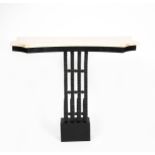 An Art Deco patinated wrought iron console table with white marble top in the manner of Edgar