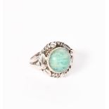 A Georg Jensen silver and agate ring, model no 1, cast foliate band with green agate cabochon,