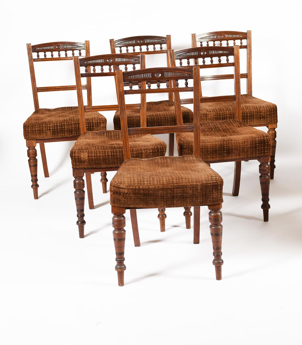 A set of six Aesthetic Movement walnut chairs, with turned legs and bobbin backs, unsigned, 90cm.