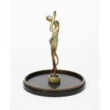 Rabt a patinated bronze model of a dancer, on onyx, bronze and black slate tray stand, signed in the
