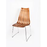 A Scandia Hove Mobler high-back chair designed by Hans Brattrud, bent teak seat with chromed metal