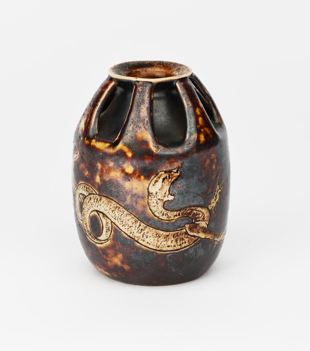 A Martin Brothers stoneware Dragon gourd vase by Edwin and Walter Martin, shouldered form, the