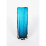 A Whitefriars Kingfisher Blue glass vase designed by Geoffrey Baxter, cylindrical form with textured