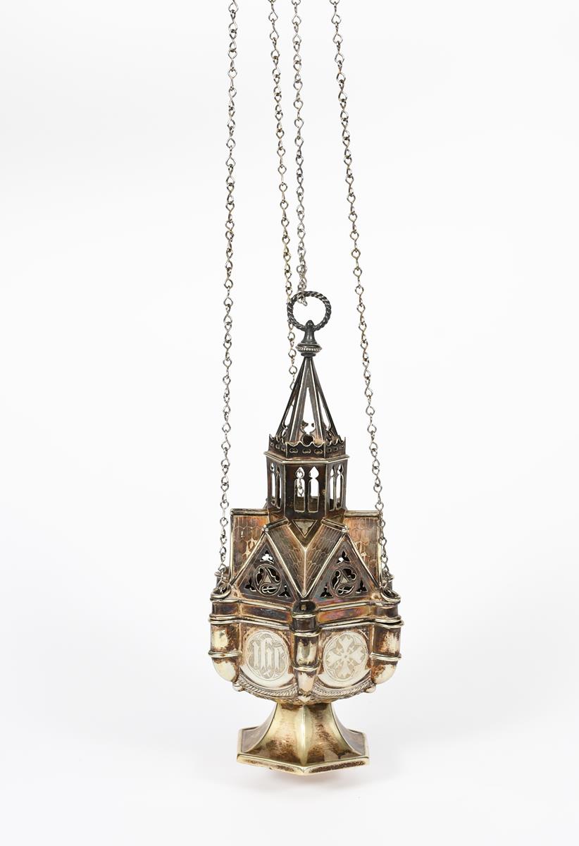 A silver-plated thurible designed by Augustus Welby Northmore Pugin, hexagonal tapering foot - Image 2 of 3