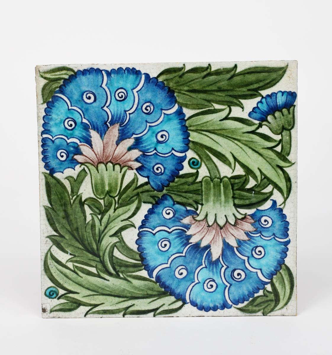 A William De Morgan Late Fulham Period Double Carnation large tile, painted with two large