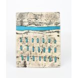 ‡Peter Hayes (born 1946) a raku wall panel with blue resin band and panels, on wooden frame,
