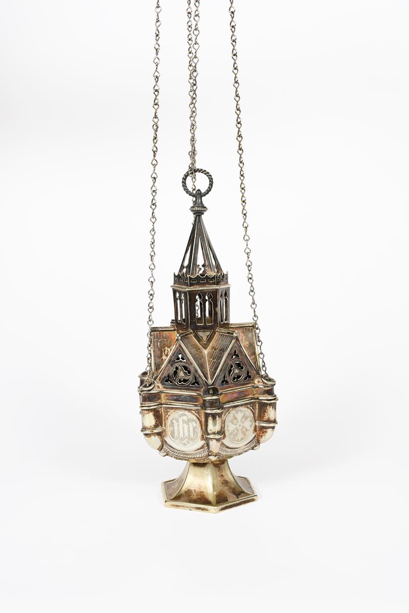 A silver-plated thurible designed by Augustus Welby Northmore Pugin, hexagonal tapering foot - Image 3 of 3