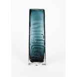 A Whitefriars Indigo glass Totem vase designed by Geoffrey Baxter, slender rectangular form with