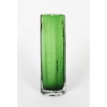 A Whitefriars Meadow Green glass vase designed by Geoffrey Baxter, cylindrical form with textured