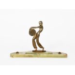 Josef Lorenzl (1892-1950) Dancer with a disc patinated bronze sculpture on veined onyx desk stand