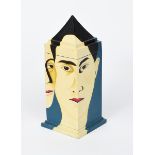 A Twergi Faces With Blue painted wood box with hinged cover designed by Nuala Goodman, painted