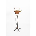 A WAS Benson copper and brass kettle on wrought iron stand, model no. 790, stamped Benson to